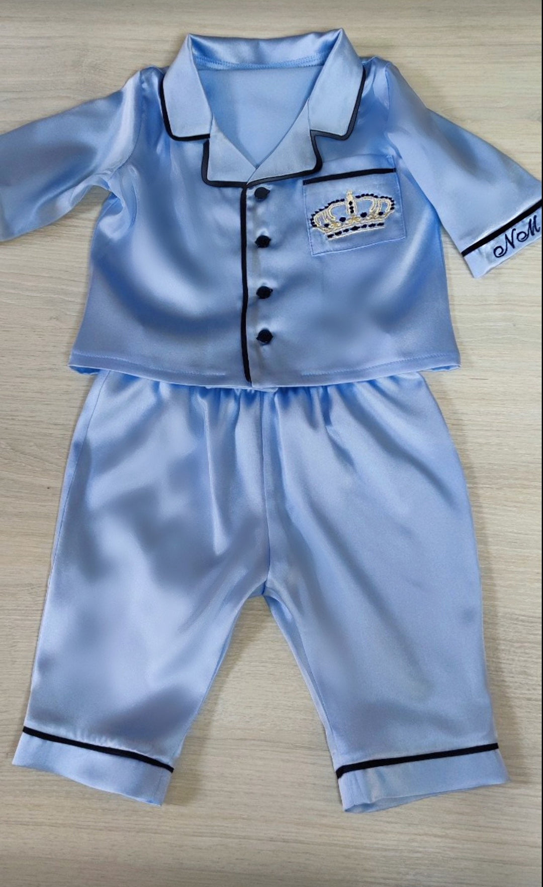 Pyjamas en soie pour bébé, pyjamas personnalisés bleus pour bébés et enfants, pyjamas mignons en soie pour nourrissons, ensemble de pyjamas pour nouveau-nés monogramme