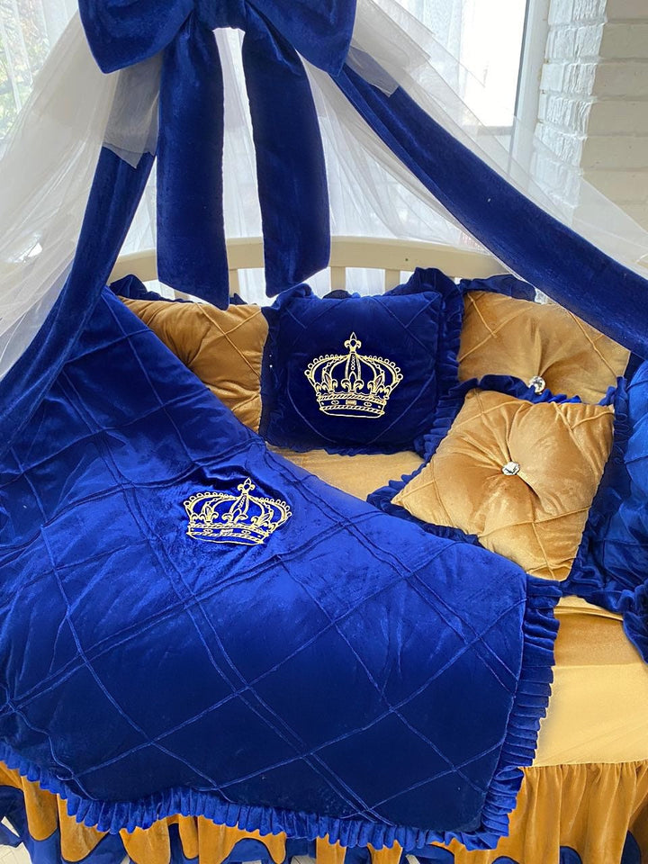 Luxurious Royal Blue and Gold Baby Crib Bumpers - King Theme for Boys