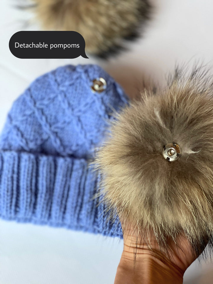 sombrero de pompón de bebé, sombrero de conejito, gorro de ganchillo, piel de lana Kid Pom Pom, lindo sombrero de invierno