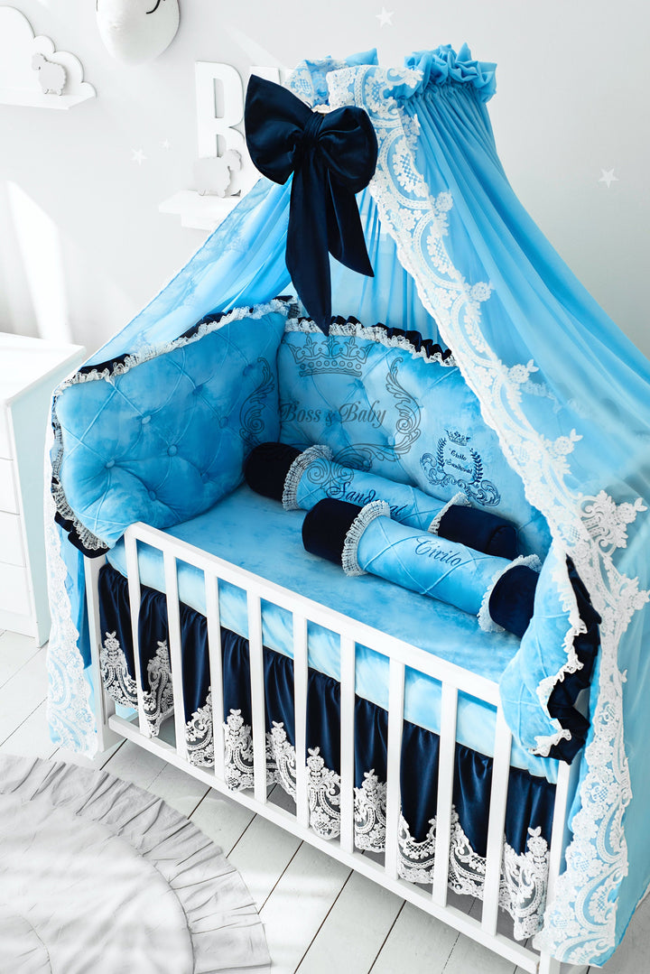 Luxury Sky Blue Baby Boy Bedding Set with Lace and Name Embroidery