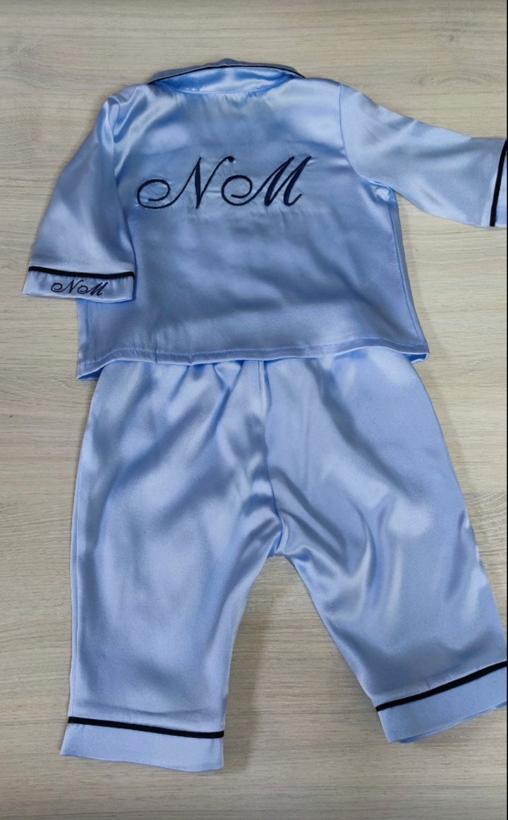 Pyjamas en soie pour bébé, pyjamas personnalisés bleus pour bébés et enfants, pyjamas mignons en soie pour nourrissons, ensemble de pyjamas pour nouveau-nés monogramme