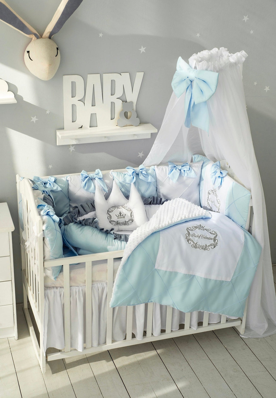 Light Blue Baby Boy Crib Bedding Set with Canopy – Personalized Monogram Bumper