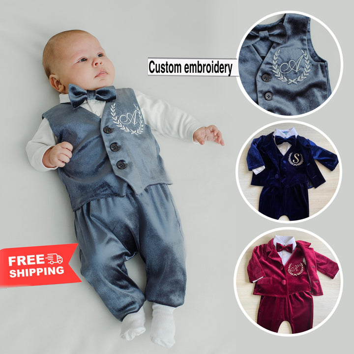 Kids Tuxedo Jacket - Ring Bearer Outfit - Grey Baby Vest - Boy's Suit Coat Jacket