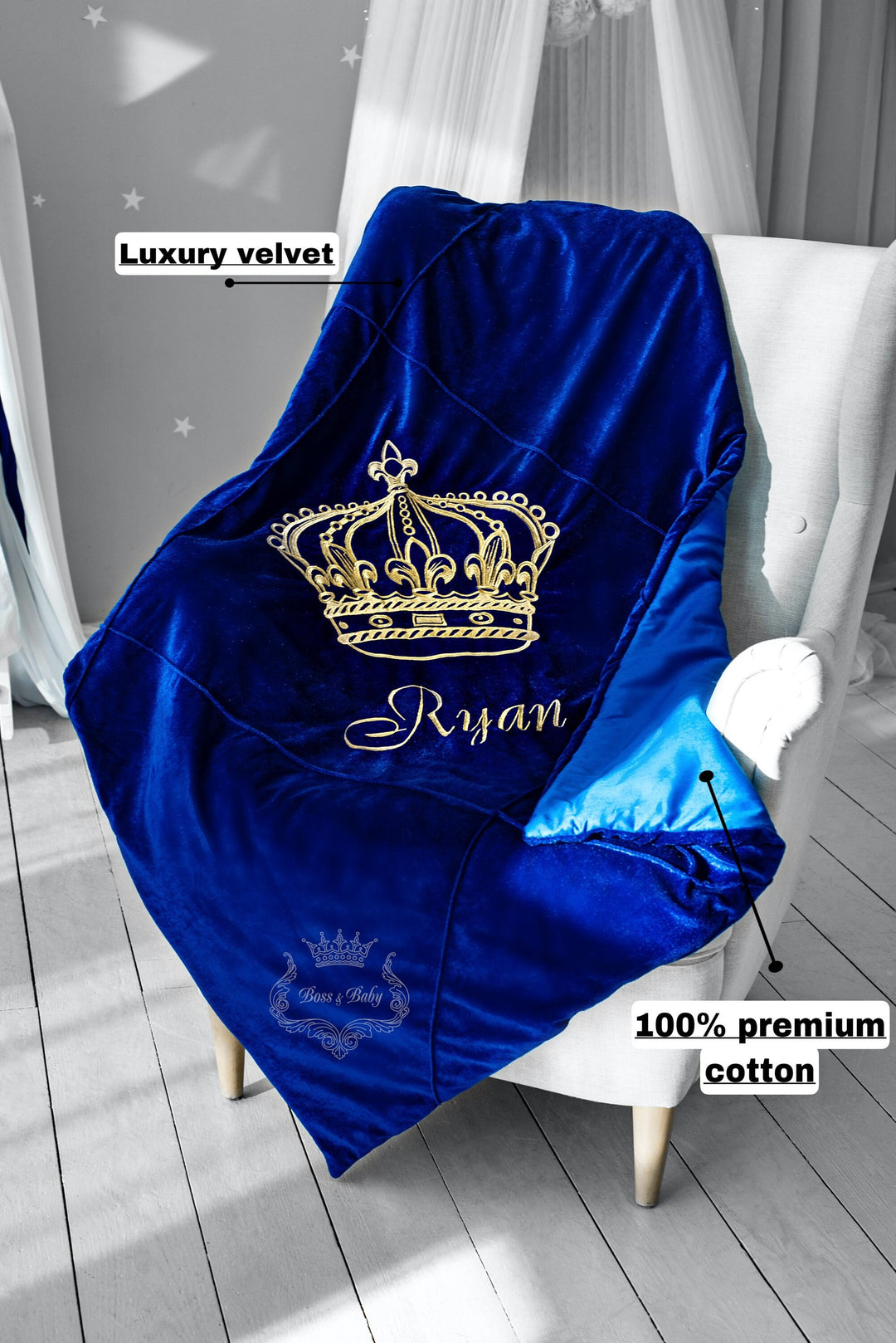 Royal Luxury Parure de lit pour bébé garçon avec auvent – ​​Tour de lit monogramme bleu clair 