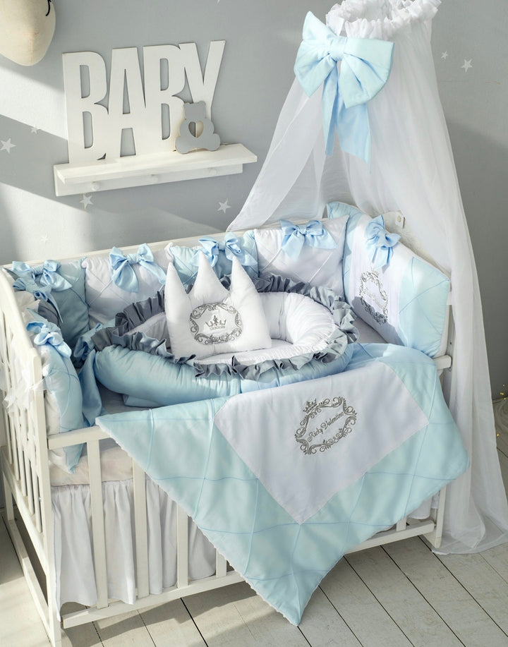 Light Blue Baby Boy Crib Bedding Set with Canopy – Personalized Monogram Bumper