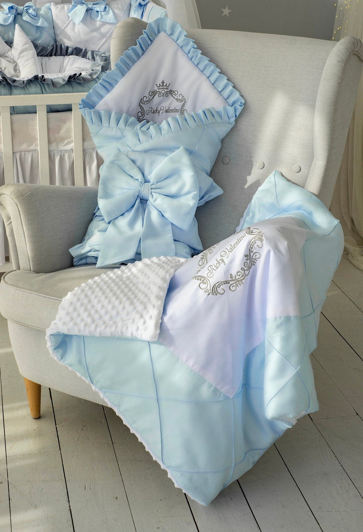 Light Blue Baby Boy Crib Bedding Set with Canopy – Personalized Monogram Bumper