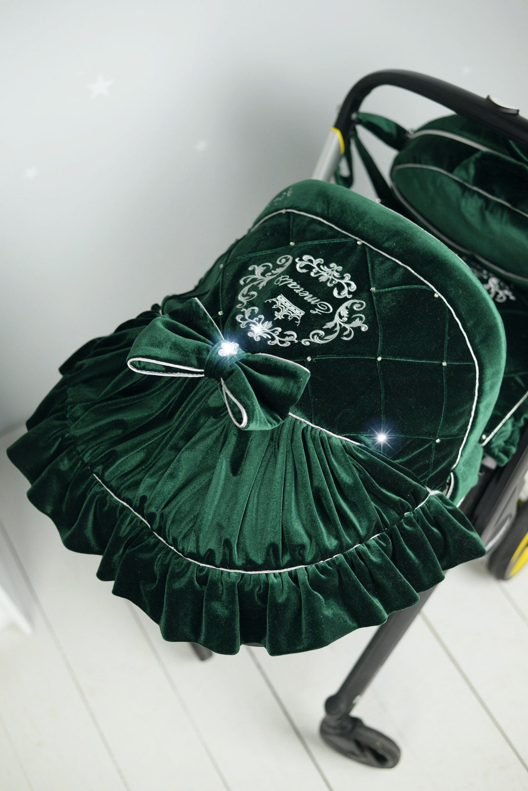 Luxury Emerald Green Doona Car Seat Cover Set - Plush Velvet Canopy, Foam Wedge, Stylish Inserts, Cozy Blanket, & Diaper Bag