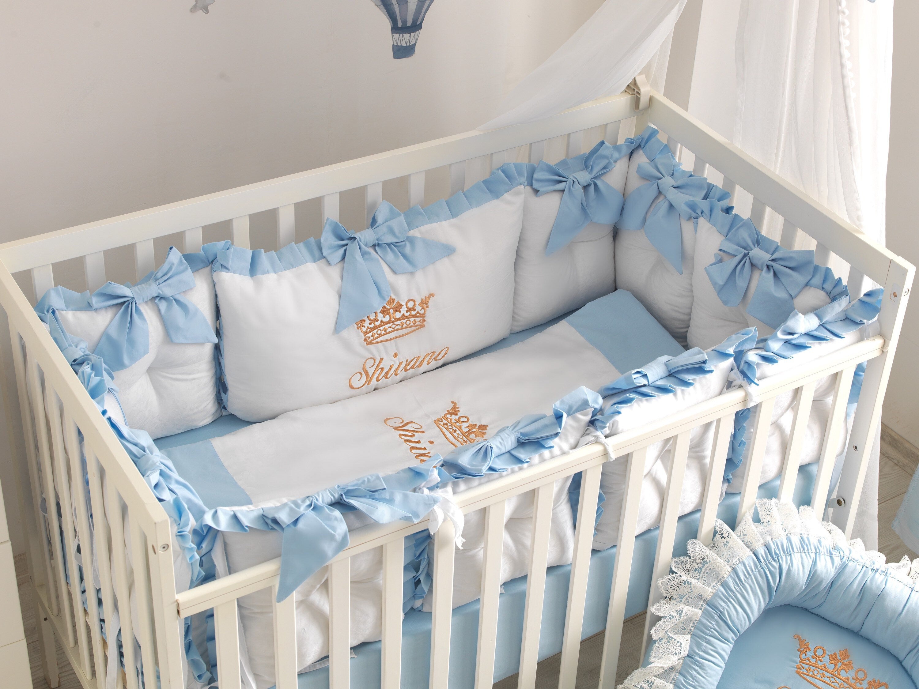 Personalized Light Blue Baby Boy Crib Bedding Set with Embroidered Cri Boss and Baby