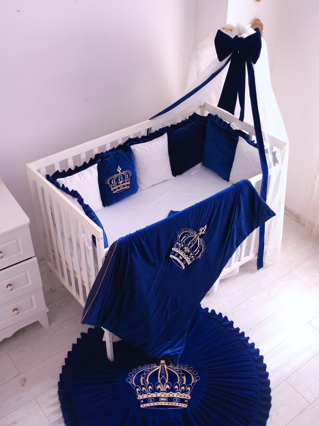Crib bumper, crib bedding set boy in kind Royal luxury theme, Baby boy crib bedding set with canopy, navy blue monogram bumper for crib