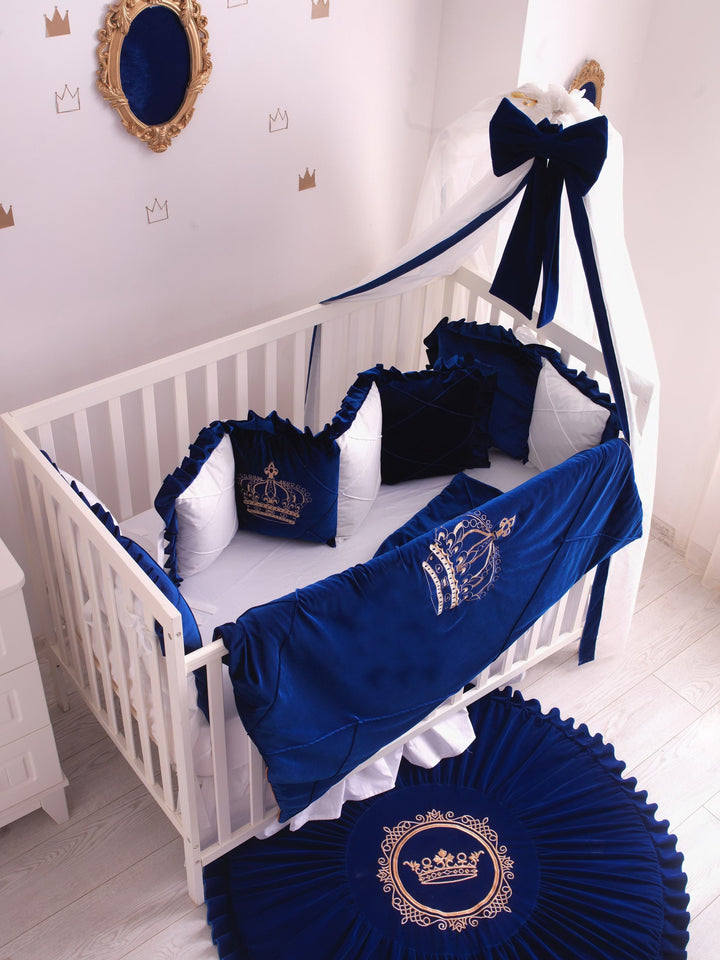 Parachoques de cuna, juego de ropa de cama para cuna niño en especie Tema de lujo real, juego de ropa de cama para cuna de niño con dosel, parachoques de monograma azul marino para cuna