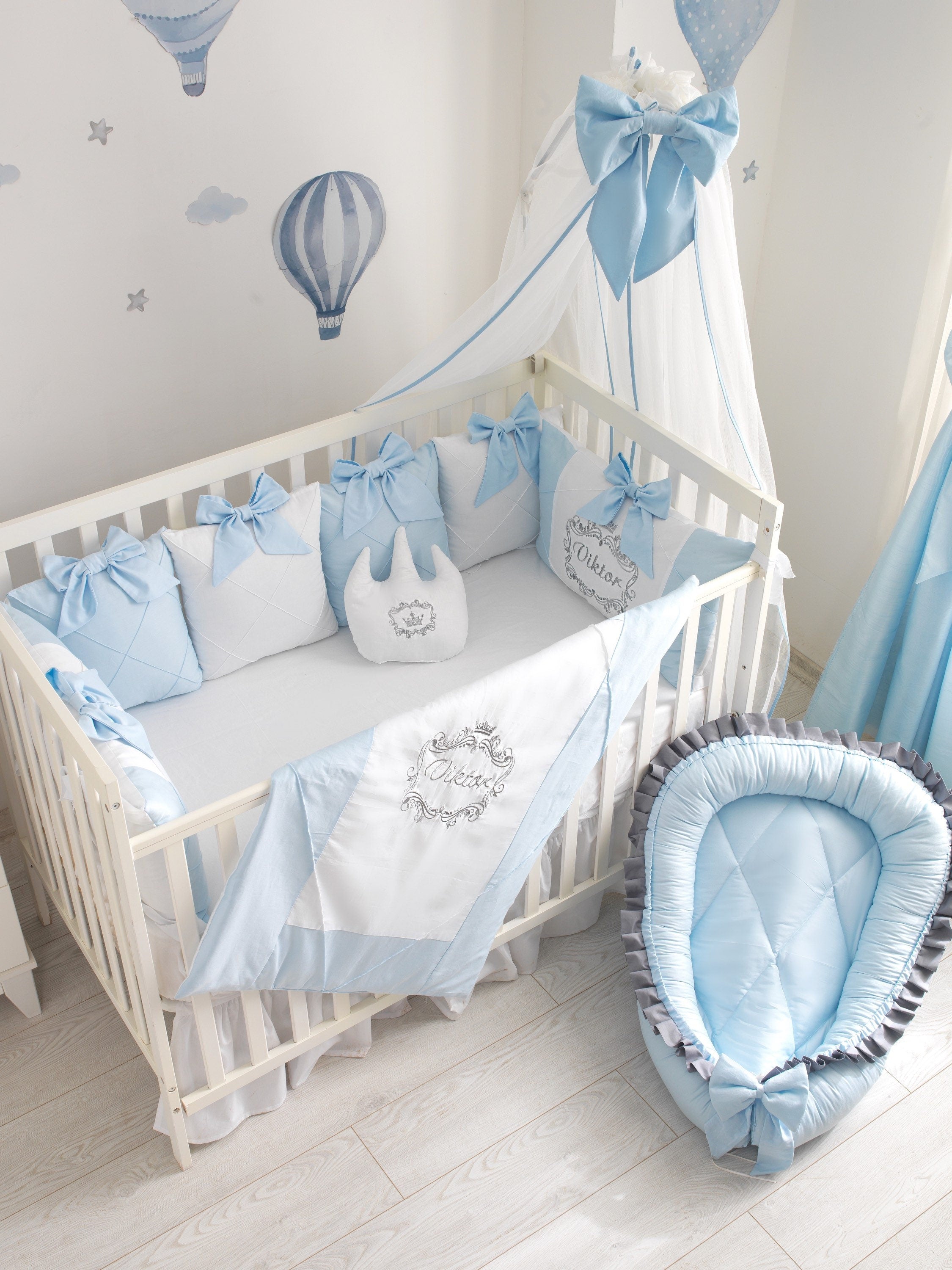 Personalized Light Blue Crib Bedding Set with Bumper Pillow Luxury B Boss and Baby