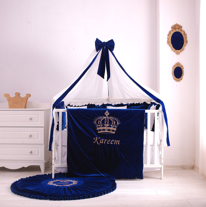 Juego de ropa de cama para cuna Royal Luxury para bebé niño en terciopelo azul real con bordado de corona dorada