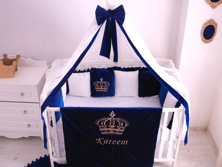 Juego de ropa de cama para cuna Royal Luxury para bebé niño en terciopelo azul real con bordado de corona dorada