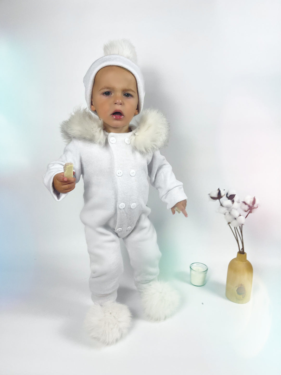 Barboteuse douillette pour bébé avec bordure en fourrure - Blanc Neige