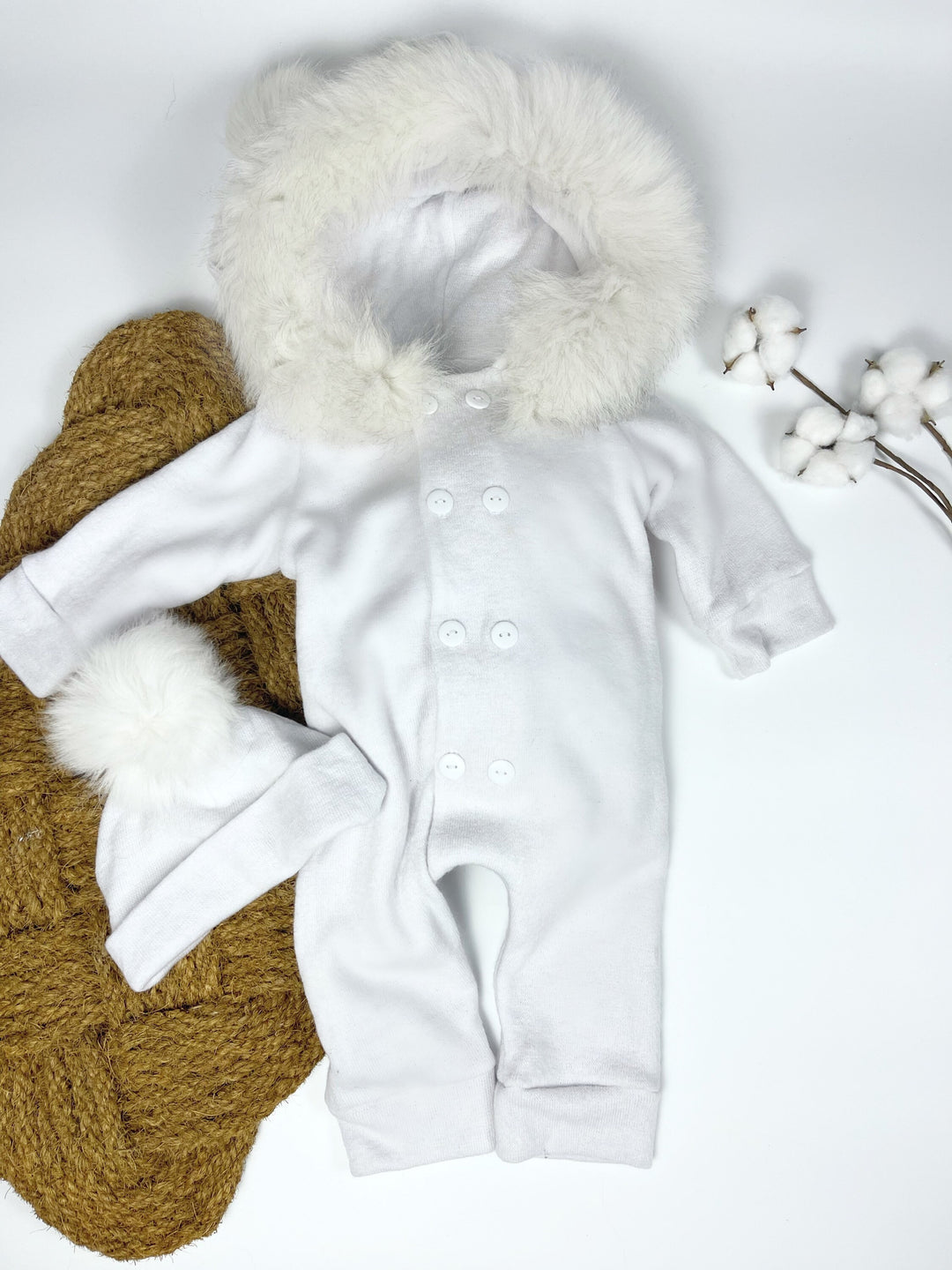 Barboteuse douillette pour bébé avec bordure en fourrure - Blanc Neige