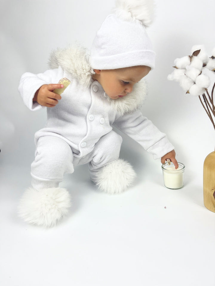 Barboteuse douillette pour bébé avec bordure en fourrure - Blanc Neige