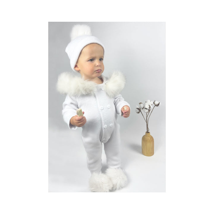 Barboteuse douillette pour bébé avec bordure en fourrure - Blanc Neige