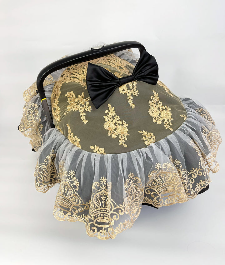 🖤 Black Car Seat Cover with Gold Lace | Doona Accessories – Custom Baby Canopy & Sunshade