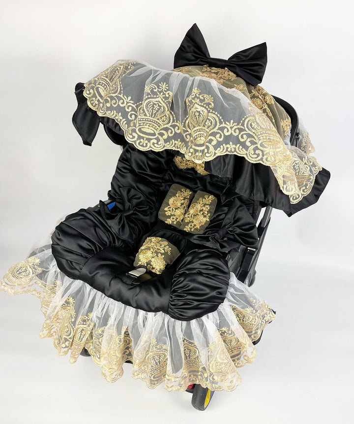 🖤 Black Car Seat Cover with Gold Lace | Doona Accessories – Custom Baby Canopy & Sunshade