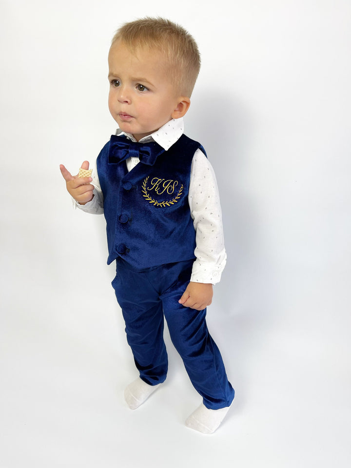 Costume personnalisé bébé garçon en velours bleu marine avec gilet, pantalon et nœud papillon