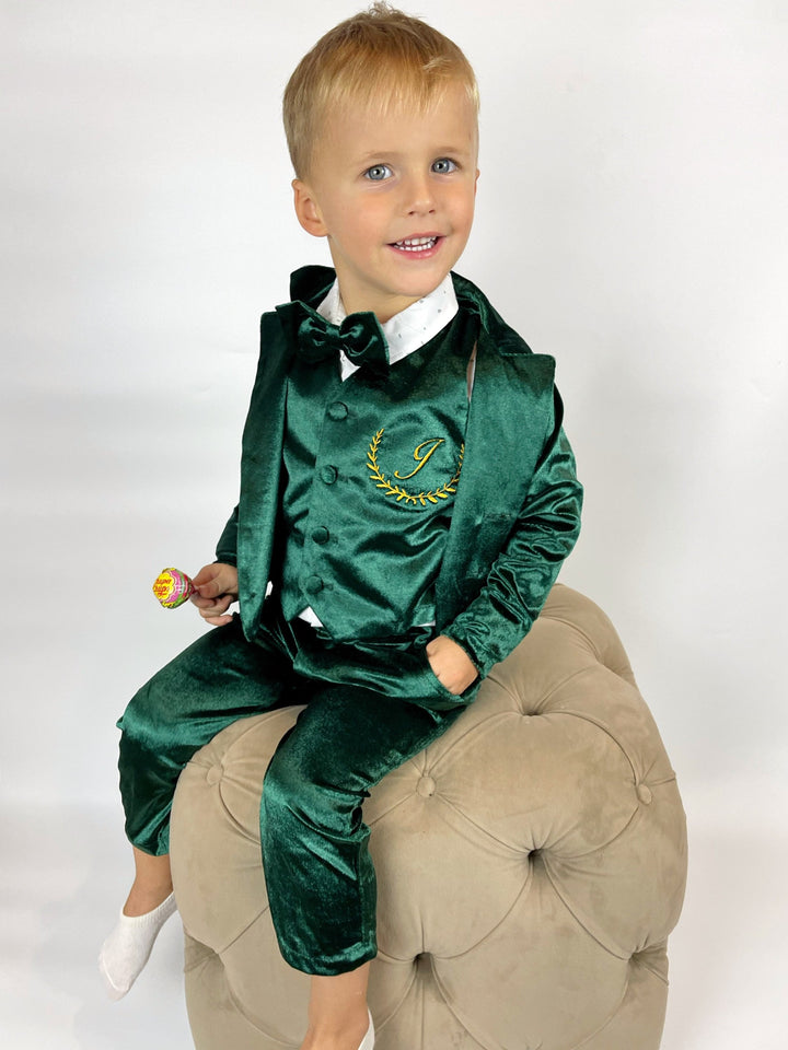 Traje personalizado de bebé de terciopelo de esmoquin verde esmeralda con chaqueta, chaleco, pantalón y pajarita