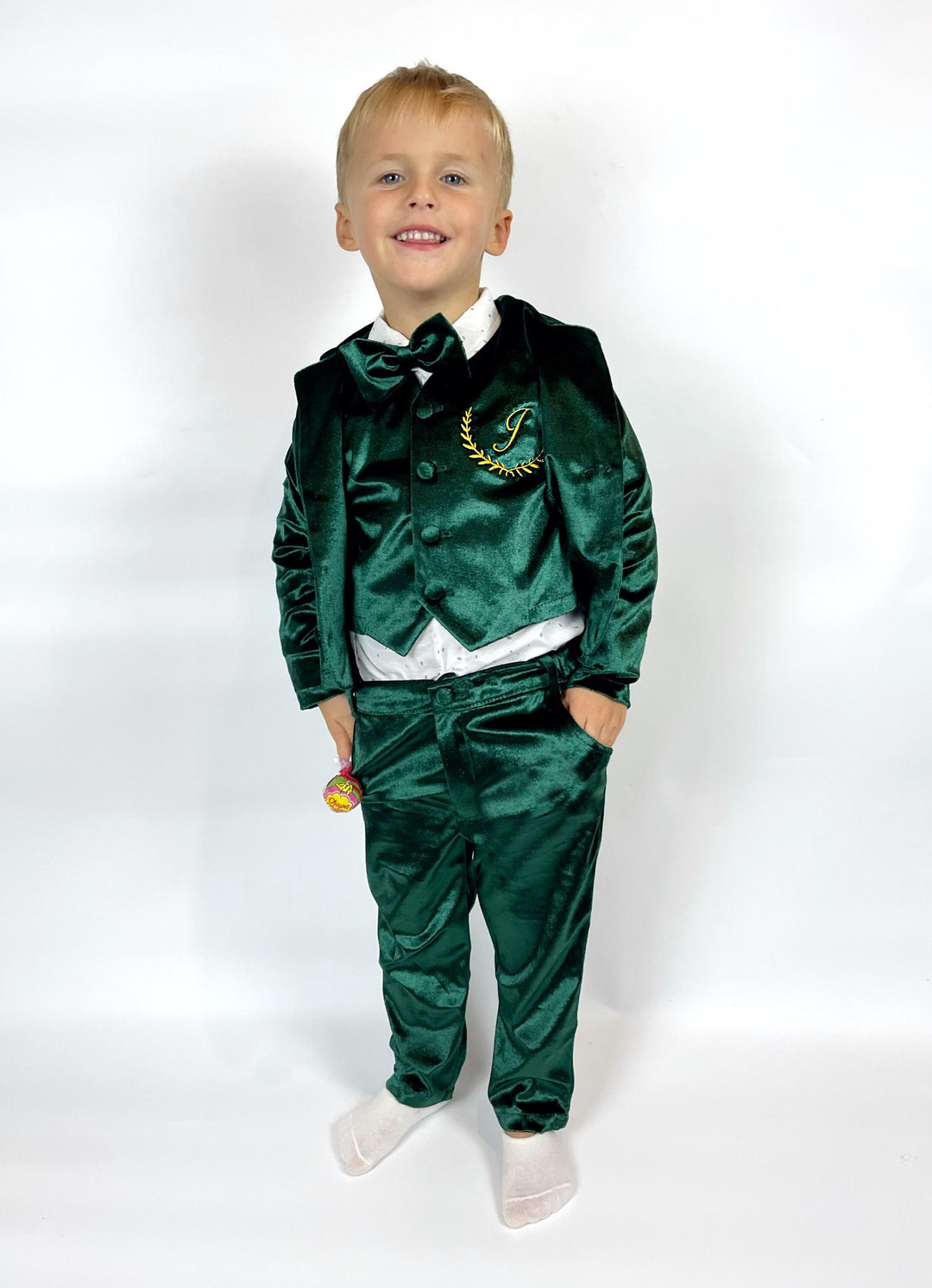 Traje personalizado de bebé de terciopelo de esmoquin verde esmeralda con chaqueta, chaleco, pantalón y pajarita