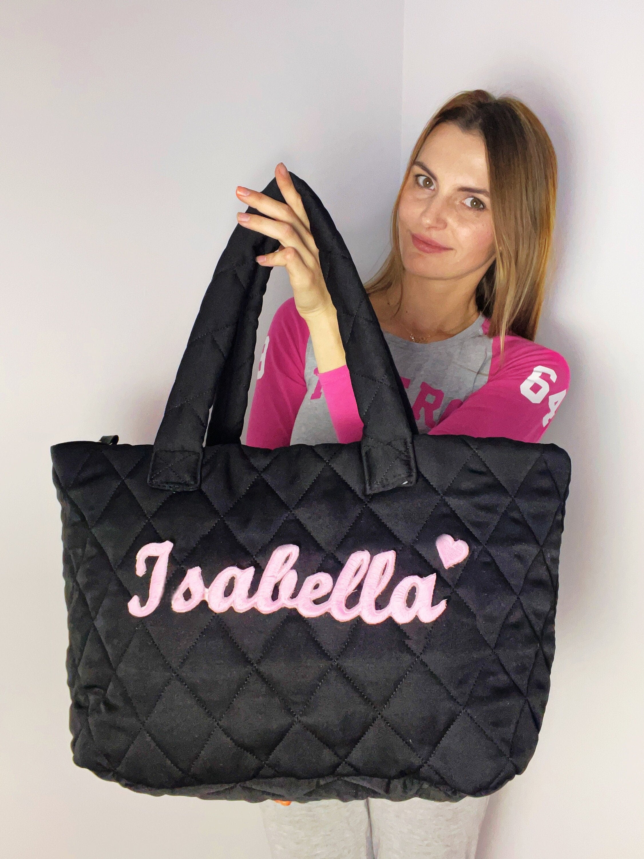 Personalized Quilted Baby Bag stylish diaper bag with a name black with pink baby diaper bag embroidered mommy shoulder bag baby accessories