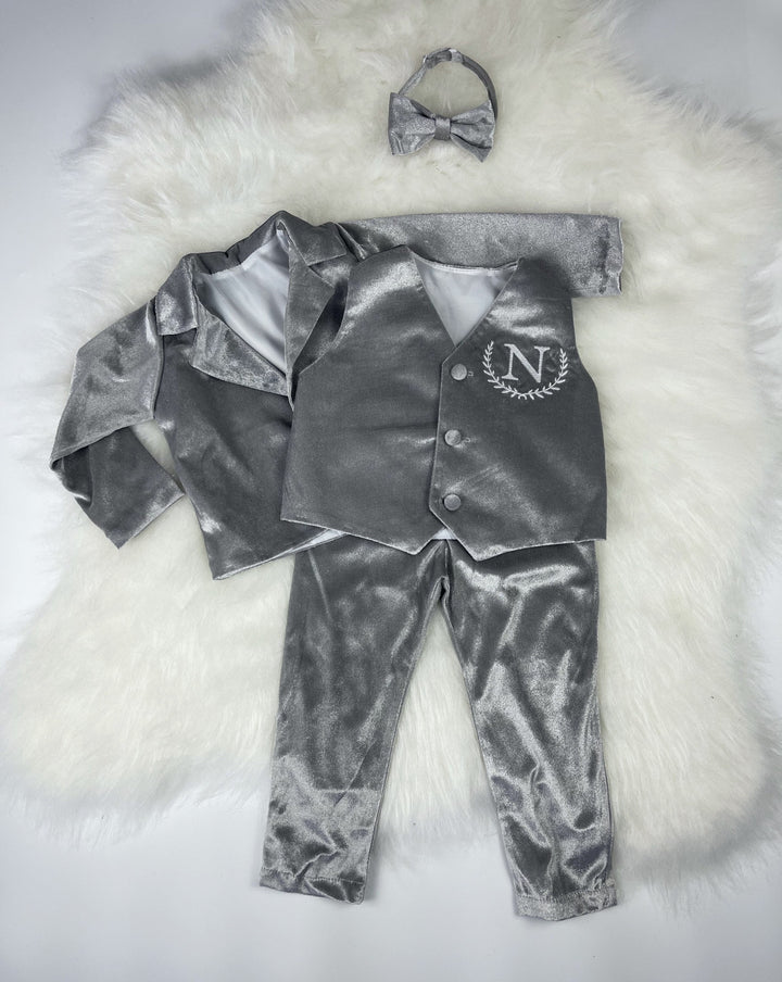 Costume personnalisé pour bébé garçon - Veste en velours gris argenté Tenue formelle pour tout-petits