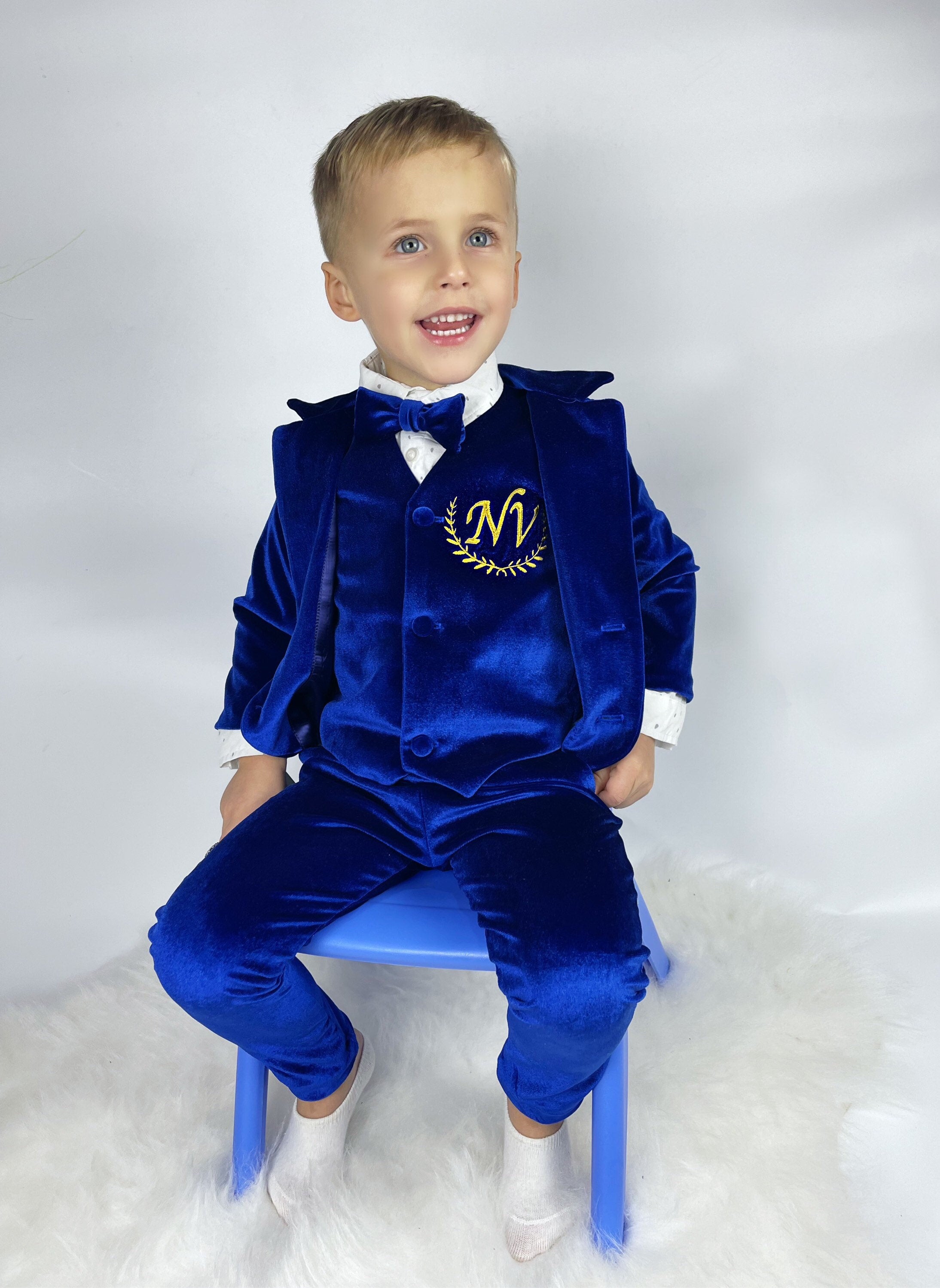 Personalized Baby boy suite baby tuxedo royal blue velvet blazer ba Boss and Baby