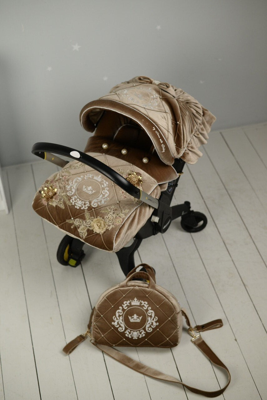 ✨ Beige Doona Car Seat Cover with Rhinestones & Pearls | Luxury Baby Car Seat Accessories