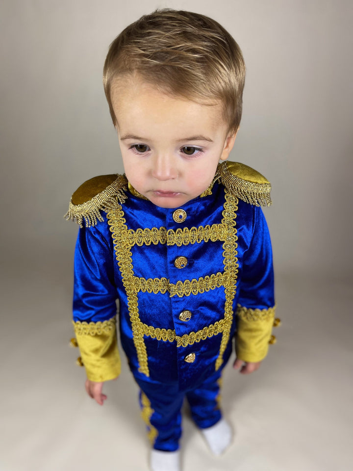 Costume de prince charmant royal de haute qualité pour bébé garçon en or et bleu royal