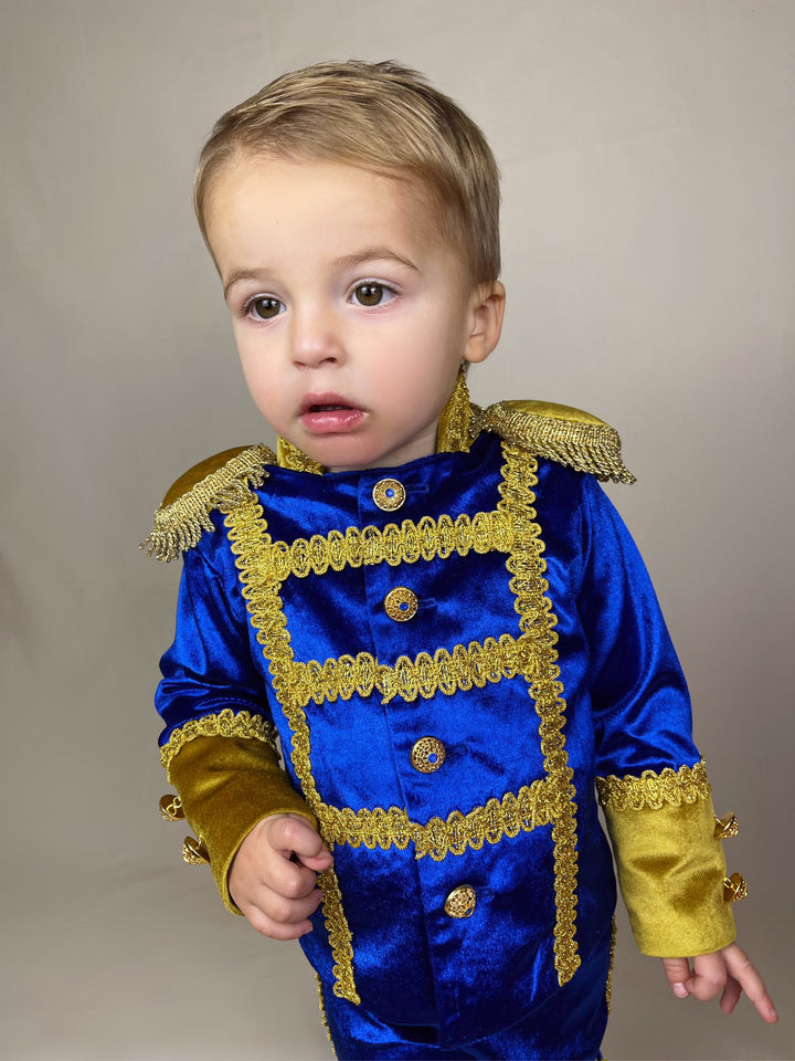 Costume de prince charmant royal de haute qualité pour bébé garçon en or et bleu royal