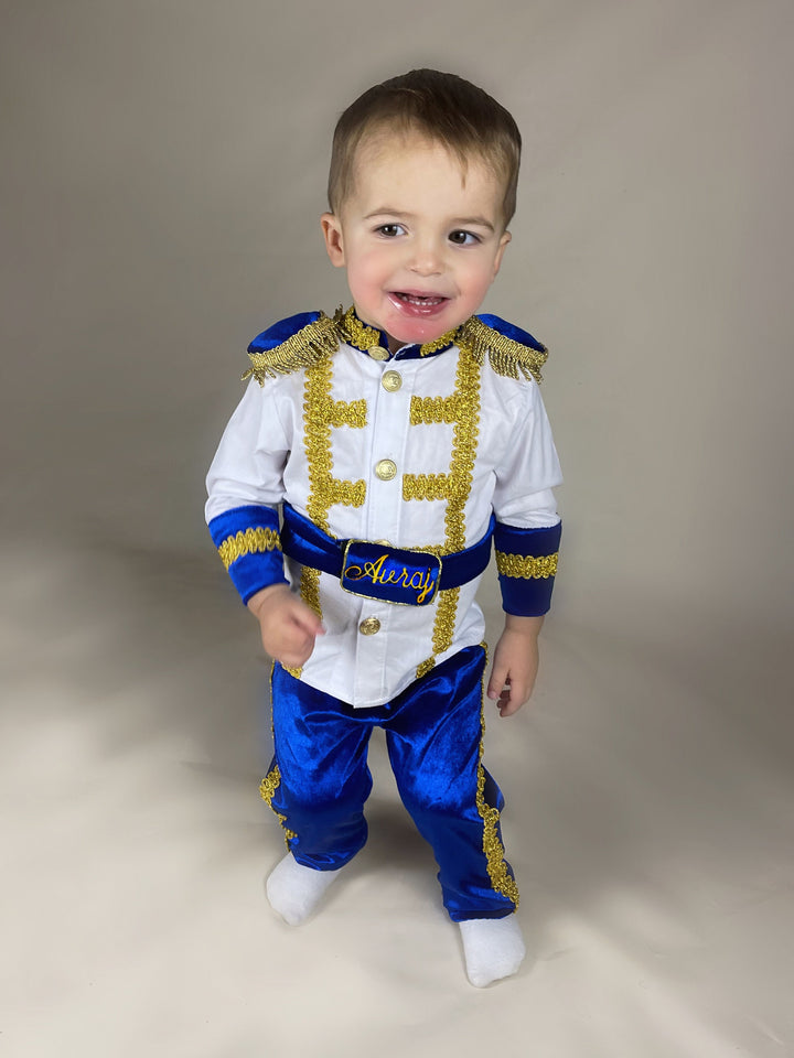 Costume personnalisé de garçon de premier anniversaire de velours bleu royal, costume de prince charmant