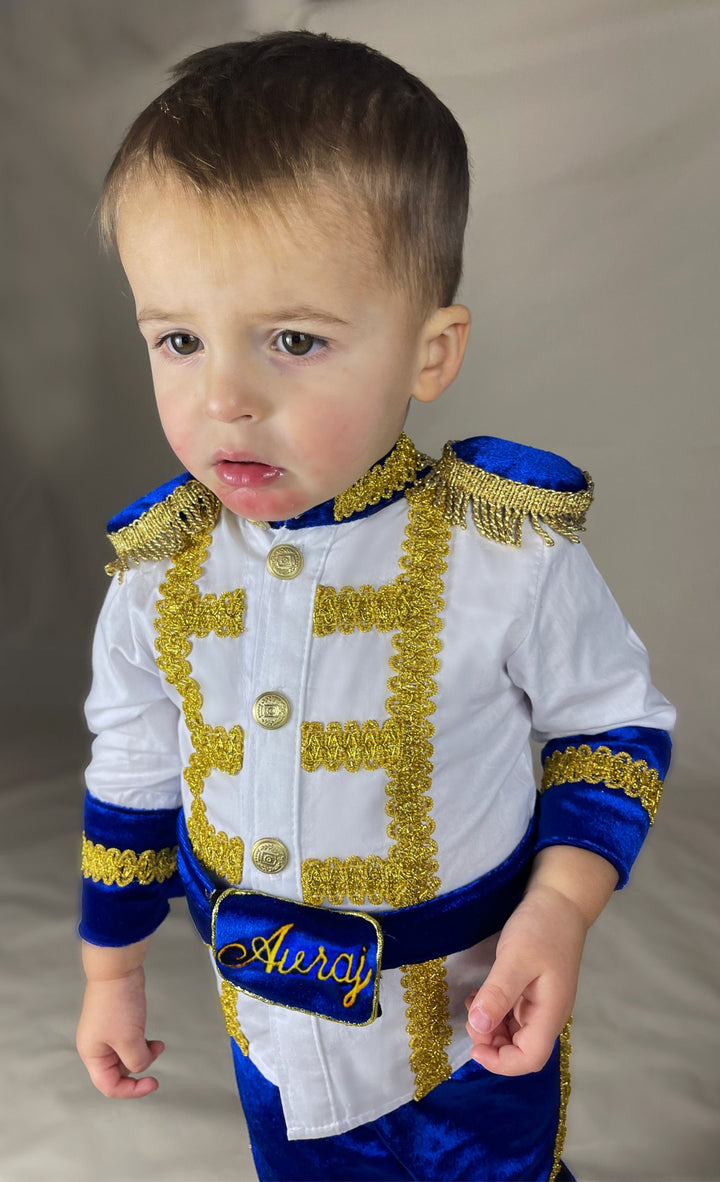 Costume personnalisé de garçon de premier anniversaire de velours bleu royal, costume de prince charmant