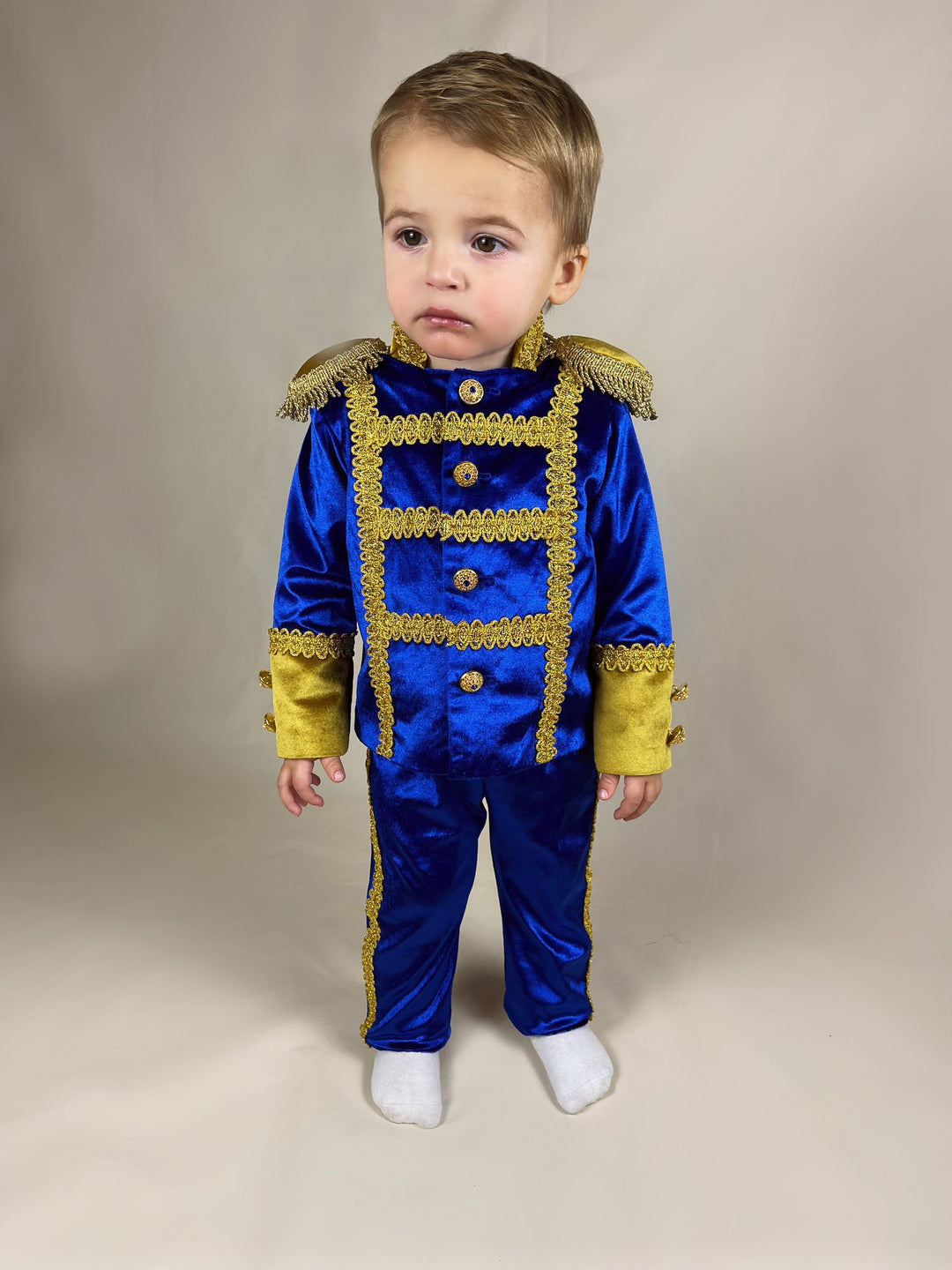 Costume de prince charmant royal de haute qualité pour bébé garçon en or et bleu royal