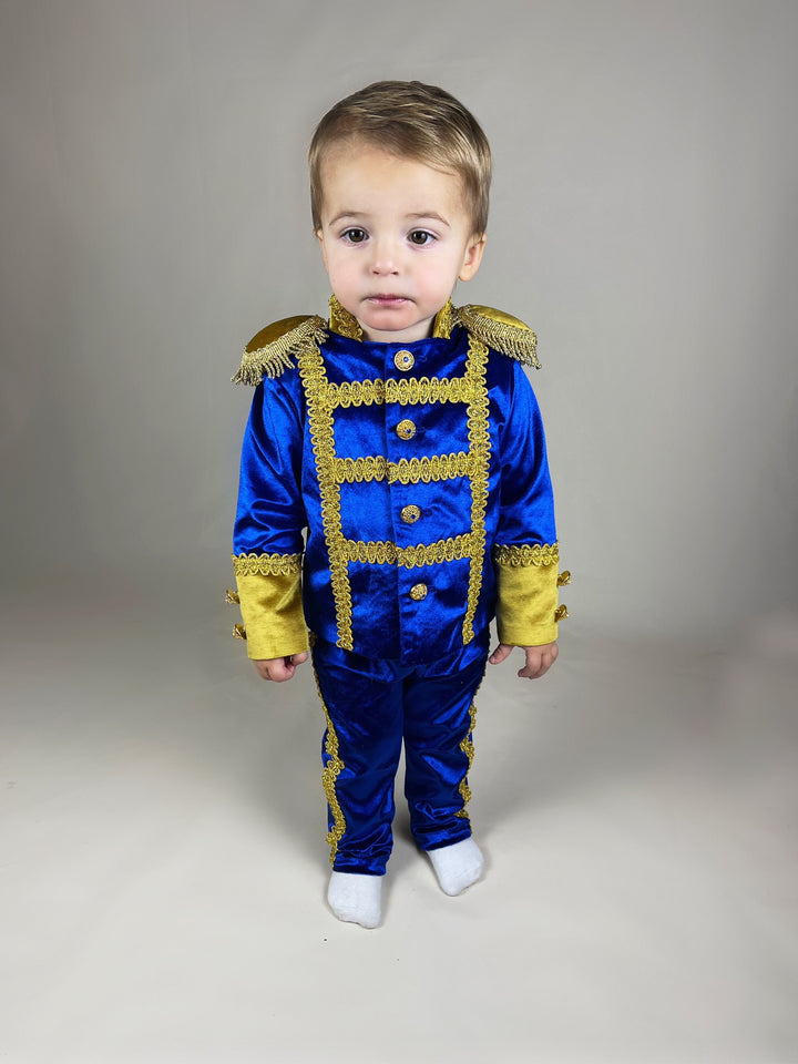 Costume de prince charmant royal de haute qualité pour bébé garçon en or et bleu royal