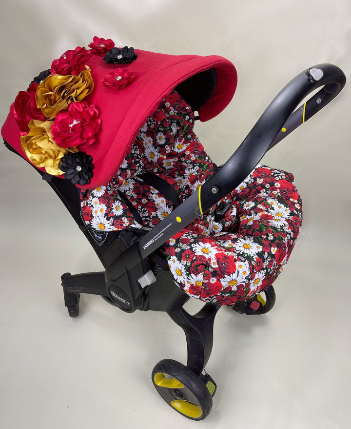 doona cover carseat girl, doona cover carseat baby girl carseat accessoires, imprimé floral, couverture rouge cadeaux de baby shower, fleurs 3D appliquées