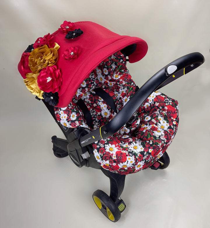 doona cover carseat girl, doona cover carseat baby girl carseat accessoires, imprimé floral, couverture rouge cadeaux de baby shower, fleurs 3D appliquées